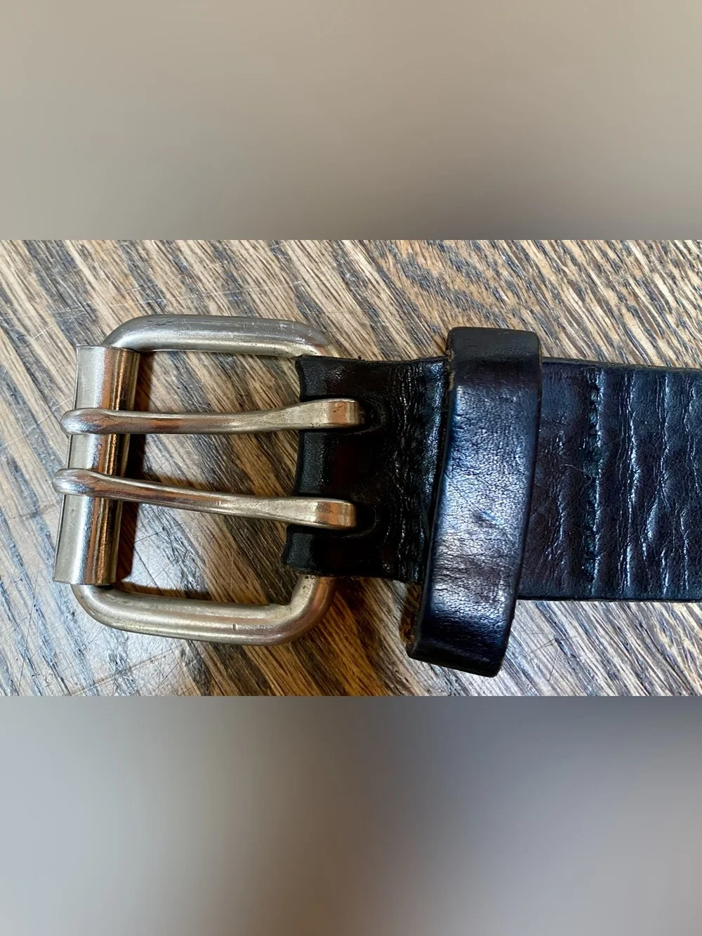 Black Leather Men's Belt with Silver Buckle Double Prong Utility Style